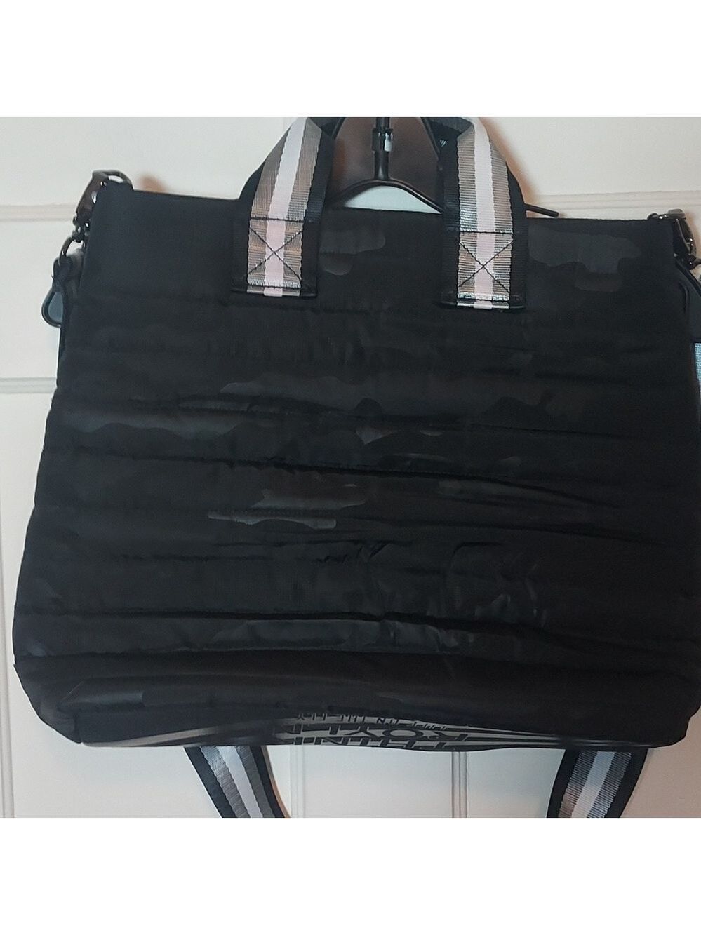 Think Royln Black Quilted Camo Tote Crossbody Bag - Picture 2 of 12